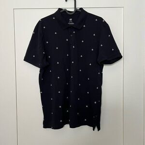 H&M Mens Polo Shirt Medium Navy Anchor Print Short Sleeve Collared Button Cotton